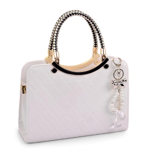 DEEVORCA Mode Damen Handtasche Elegant Umhängetasche Perle Anhänger Lässig Crossbody Tasche Reisen Dating Arbeiten Party Hochzeit Pu Leder Mittel Multifunktional Messenger Bag Weiß von DEEVORCA