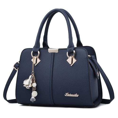 DEEVORCA Elegante Henkeltasche Damen – wasserdichte PU Leder Schultertasche mit Quasten Anhänger, Anti-Diebstahlfach & Verstellbarem Riemen – Ideal für Arbeit, Abendessen, Reisen (Marineblau) von DEEVORCA