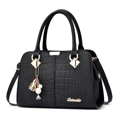 DEEVORCA Mode Damen Handtaschen Elegant Henkeltasche Schultertasche mit Griff Hängende Ornamente Kuriertaschen für Reise Shopper Täglich Urlaub Business Arbeiten PU Leder Damen Tote Bag Schwarz A von DEEVORCA