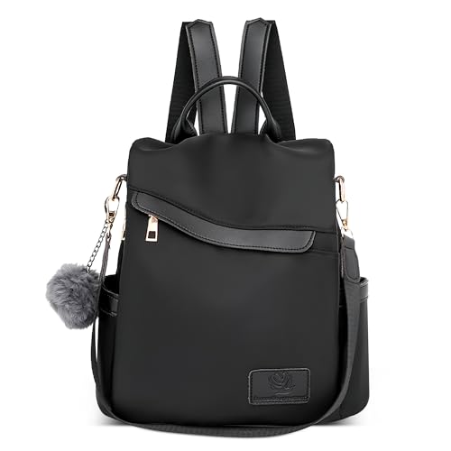 DEEVORCA Mode Damen Rucksack Anti Diebstahl Tagesrucksack Elegant Wasserdicht Schultertasche mit Süßem Pompom-Anhänger Schulrucksack für Reisen Urlaub Täglich Damen Leichtgewicht Handtasche Schwarz von DEEVORCA