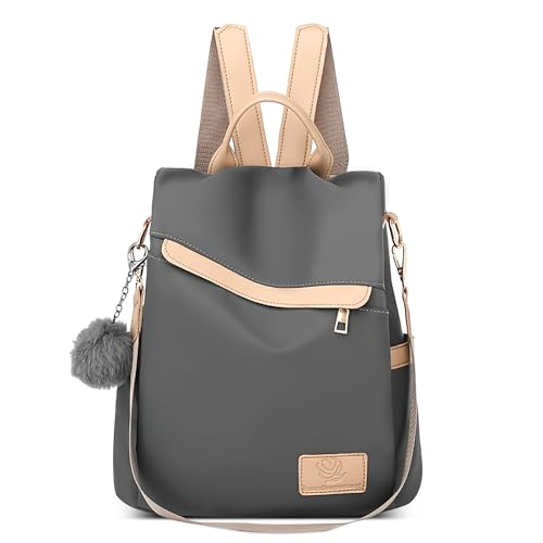 DEEVORCA Mode Damen Rucksack Anti Diebstahl Tagesrucksack Elegant Wasserdicht Schultertasche mit Süßem Pompom-Anhänger Schulrucksack für Reisen Urlaub Täglich Damen Leichtgewicht Handtasche Grau von DEEVORCA