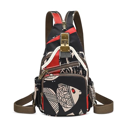 DEEVORCA Mode Damen Rucksack Lässig Anti-Diebstahl Brusttasche Vintage Crossbody Umhängetasche Arbeit Reisen Einkaufen Sport Klein Sling Bag Nylon Print Schultertasche Handtaschen Schwarz A von DEEVORCA