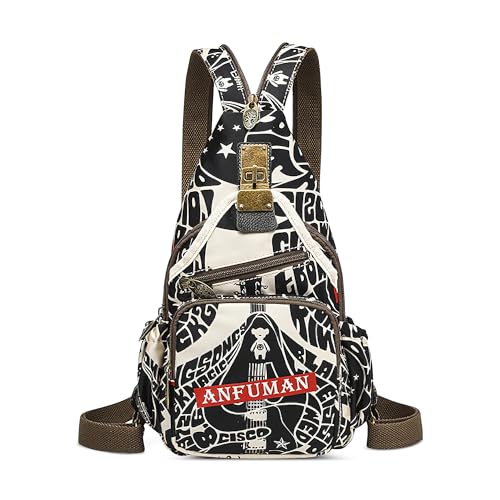 DEEVORCA Mode Damen Rucksack Lässig Anti-Diebstahl Brusttasche Vintage Crossbody Umhängetasche Arbeit Reisen Einkaufen Sport Klein Sling Bag Nylon Print Schultertasche Handtaschen Schwarz B von DEEVORCA