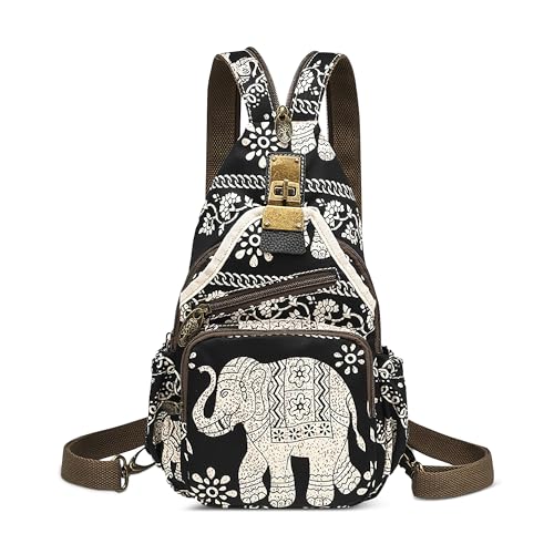 DEEVORCA Mode Damen Rucksack Lässig Anti-Diebstahl Brusttasche Vintage Crossbody Umhängetasche Arbeit Reisen Einkaufen Sport Klein Sling Bag Nylon Print Schultertasche Handtaschen Schwarz C von DEEVORCA