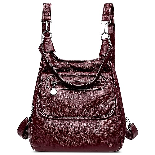 DEEVORCA Mode Damen Rucksack Lässig Reisen Umhängetasche PU Leder Wasserdicht Schule Arbeit Einkaufen Schultertasche Frauen Mehrere Taschen Backpack Multifunktionale Handtasche Rot von DEEVORCA