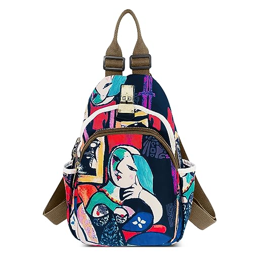 DEEVORCA Mode Damen Rucksack Vintage Umhängetasche Lässig Diebstahlsicherer Backpack Reisen Arbeit Schule Mehrere Taschen Schultertasche Nylon Print Cityrucksack Handtaschen Blau B von DEEVORCA