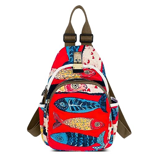 DEEVORCA Mode Damen Rucksack Vintage Umhängetasche Lässig Diebstahlsicherer Backpack Reisen Arbeit Schule Mehrere Taschen Schultertasche Nylon Print Cityrucksack Handtaschen Rot B von DEEVORCA