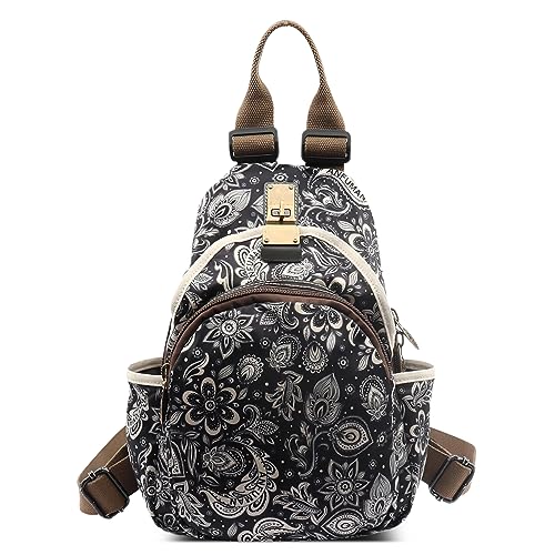 DEEVORCA Mode Damen Rucksack Vintage Umhängetasche Lässig Diebstahlsicherer Backpack Reisen Arbeit Schule Mehrere Taschen Schultertasche Nylon Print Cityrucksack Handtaschen Schwarz von DEEVORCA