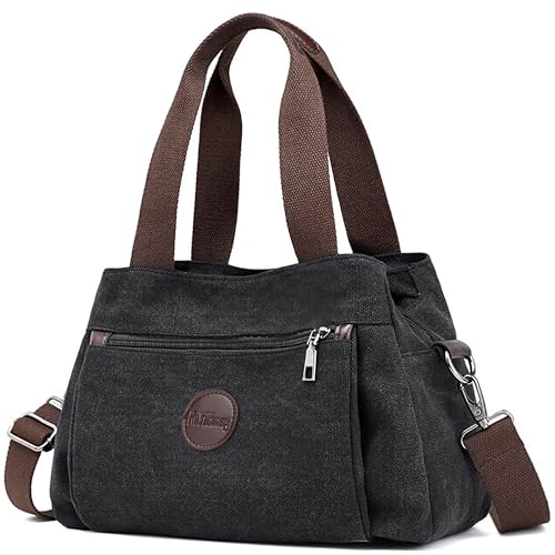 DEEVORCA Reisehandtasche für Damen–wasserdichtes Canvas Schultertasche mit Mehreren Fächern und Anti-Diebstahlfach, Große Kapazität, Ideal für Reisen, Einkaufen,Arbeit und Alltag (Klassisches Schwarz) von DEEVORCA