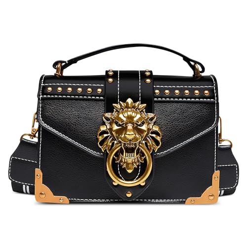 DEEVORCA Ausgefallene Damen Handtasche – wasserdichte PU Leder Schultertasche mit Vintage Löwenkopf Deko, Abnehmbarem Crossbody Riemen | Elegant für Arbeit, Urlaub & Date (Punkschwarz) von DEEVORCA