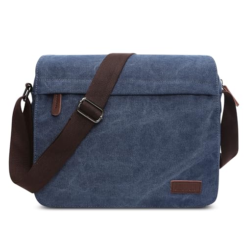 DEEVORCA Mode Herren Umhängetasche Vintage Canvas Kuriertasche 14 Zoll Laptoptasche Schultertaschen für Casual Reise Urlaub Schula Bergsteigen Männer Arbeitstasche Leinwand Aktentasche Blau von DEEVORCA