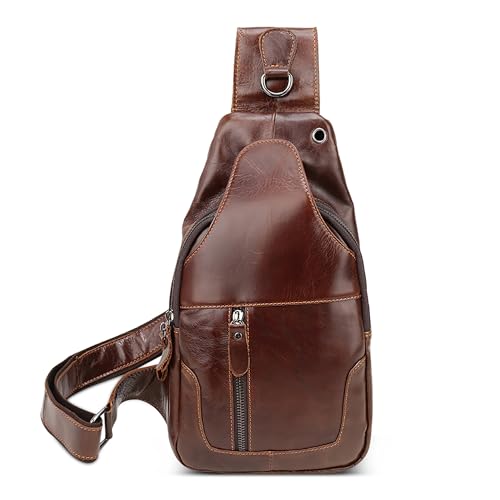 DEEVORCA Retro Herren Brusttasche Reisen Leichte Echtes Leder Elegant Schultertasche mit Kopfhörerloch Sling Bag für Urlaub Lässig Einkaufen Täglich Wandern Männer Vintage Umhängetasche Braun von DEEVORCA