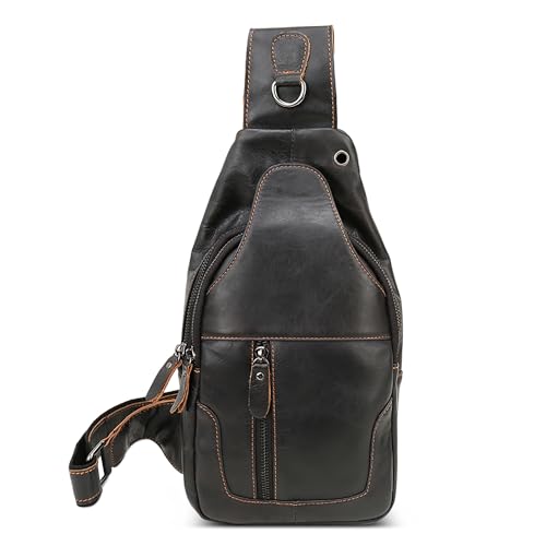 DEEVORCA Retro Herren Brusttasche Reisen Leichte Echtes Leder Elegant Schultertasche mit Kopfhörerloch Sling bag für Urlaub Lässig Einkaufen Täglich Wandern Männer Vintage Umhängetasche Schwarz von DEEVORCA