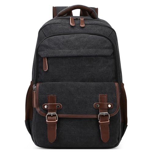 DEEVORCA Retro Rucksack Herren Elegant Groß Kapazität Tagesrucksack für 15 Zoll Laptop mit Griff Mehrere Taschen Schulrucksack Reisen Lässig Arbeit Camping Täglich Leinwand Herren Backpack Schwarz von DEEVORCA