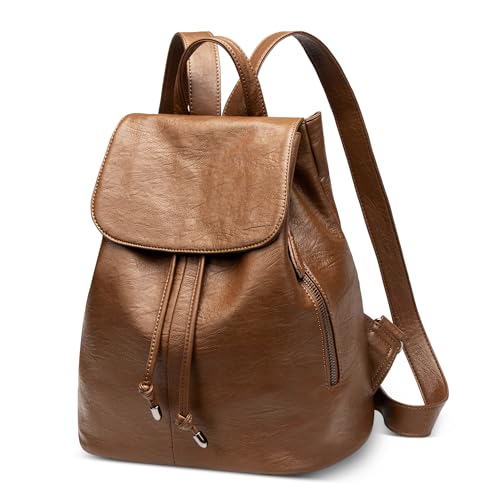 DEEVORCA Rucksäcke für Damen Exquisit Klein Frauen Rucksack Kordelzug Klappendesign Rucksack Arbeit Rucksack Reise Urlaub Tagesrucksack Schulrucksack Wasserdichtes PU Leder Braun von DEEVORCA