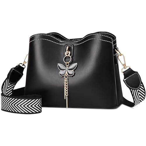 DEEVORCA Süße Damen Umhängetasche Klein Umhängetaschen Lässig PU-Leder Handtaschen Arbeiten Party Reisen Dating Mode Messenger Taschen mit Elegant Schmetterlings Anhänger Schwarz von DEEVORCA