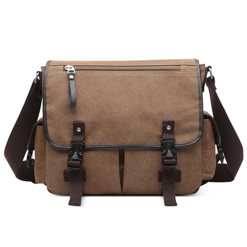 DEEVORCA Vintage Canvas Schultertasche Herren Messenger Bag für 17.3 zoll Laptop Mehrere Taschen Kuriertasche für Urlaub Lässig Geschäftsreise Täglich Leinwand Herren Umhängetasche Braun von DEEVORCA