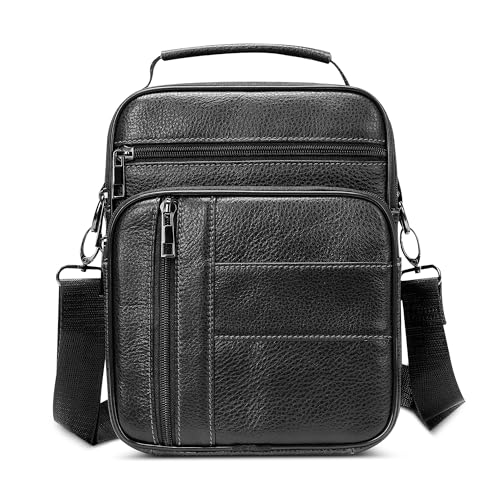 DEEVORCA Vintage Herren Schultertasche Echtes Leder Mode Kuriertasche mit Griff Handtasche für Casual Reise Urlaub Schula Lässig Täglich Leicht Arbeitstasche Männer Umhängetasche Schwarz von DEEVORCA