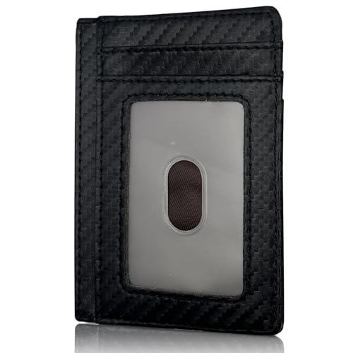 DEEZOMO RFID Blocking Slim Genuine Leather Credit Card Holder Front Pocket Wallet for Men with ID Card Window Work Travel, carbon schwarz, Moderner Stil von DEEZOMO