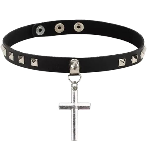 DEFGNOP Gothic Choker Damen, Kreuzkette aus Retro-Nieten-Lederhalskette, Choker PU Lederhalsband Damen Punk Choker Schwarz Halsreif Simple von DEFGNOP