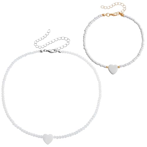 DEFGNOP Halskette Und FußKettchen Im BohèMe-Stil Mit Jade-WeißEn Kristallperlen, Handgefertigt, Elegantes Perlmuttherz von DEFGNOP