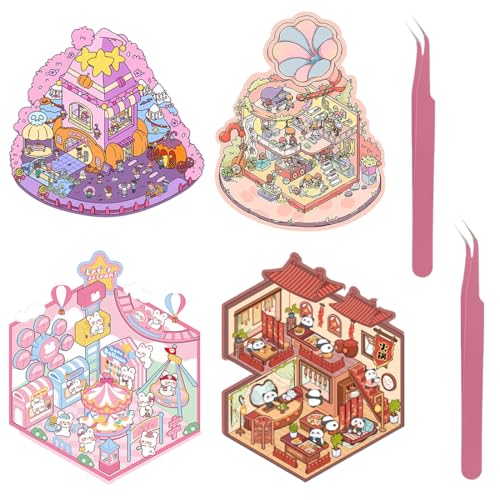 DEFGNOP Miniatur Haus Sticker 3D, 3D Sticker Scene, Haus Aufkleber Machen Sie Ihren Eigenen, Sticker Therapy, Relief Stress für Erwachsene und Kinder, 4 Sets von DEFGNOP