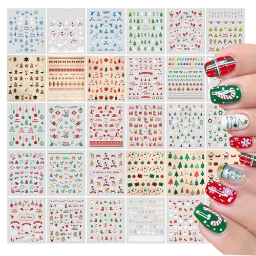 DEFGNOP Nagelsticker Weihnachten, 30 Blatt Nagelaufkleber Selbstklebend Weihnachtsbaum mit Schneeflocken Nail Art Sticker Dekoration Nageldesign Zubehör von DEFGNOP