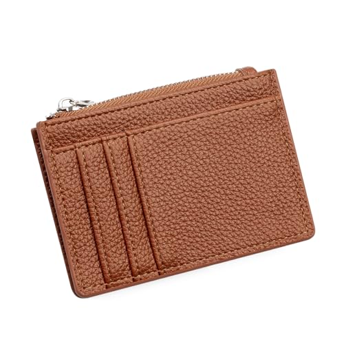 defway Kleines Kartenetui für Damen – Schlankes Kartenetui für Damen, kleines PU-Leder mit Münzfach mit Reißverschluss, 4 Kartenfächer, kompaktes Design, Braun, Casual von DEFWAY