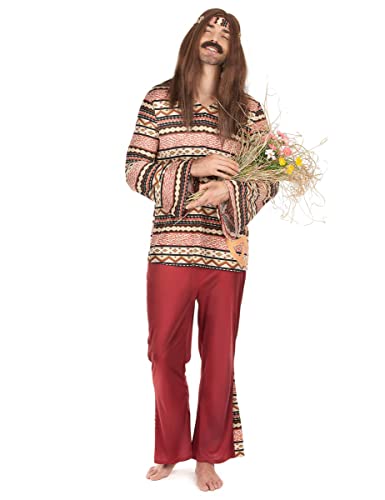 DEGUISE TOI VEGAOO - Hippie-Kostüm für Herren - bordeauxfarben - Hose - Oberteil - Haarband - S - Rot - Kostüme für Erwachsene - 100% Polyester - Handwäsche von DEGUISE TOI