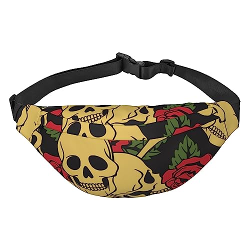 Bauchtasche mit Rosen- und Totenkopf-Motiv für Damen und Herren, leicht, verstellbar, Umhängetasche, Reise-Gürteltasche für Workout, Laufen, Schwarz , Einheitsgröße von DEHIWI