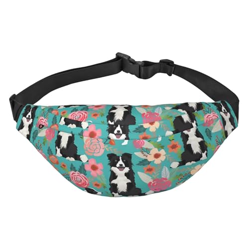 Border Collie Florals Bauchtasche für Damen und Herren, leicht, verstellbar, Umhängetasche, Reise-Gürteltasche für Workout, Laufen, Schwarz , Einheitsgröße von DEHIWI