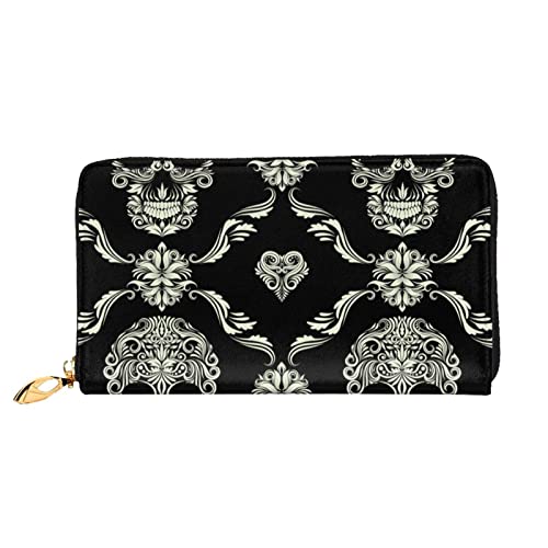 DEHIWI Blumen Totenkopf Ornamentales Muster Leder Reißverschluss Um Geldbörse Frauen Clutch Geldbörse Reise Kartenhalter Tasche Geschenk, Schwarz , Einheitsgröße von DEHIWI