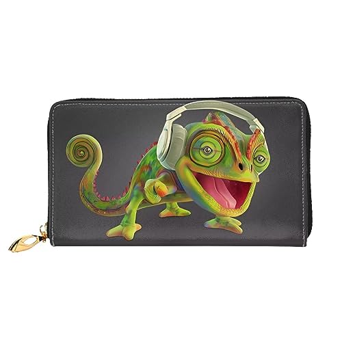 DEHIWI Chameleon Listen Music Leder Reißverschluss um Brieftasche Frauen Clutch Geldbörse Reise Kartenhalter Tasche Geschenk, Schwarz , Einheitsgröße von DEHIWI