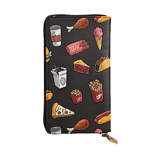 DEHIWI Chicken Leg Burger Drink Damen Leder Lange Geldbörse Reißverschluss Rundum Clutch Tasche Reise Geldbörse Kreditkartenhalter, Schwarz , Einheitsgröße von DEHIWI