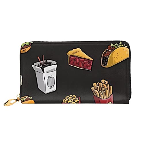 DEHIWI Chicken Leg Burger Drink Damen Leder Lange Geldbörse Reißverschluss Rundum Clutch Tasche Reise Geldbörse Kreditkartenhalter, Schwarz , Einheitsgröße von DEHIWI