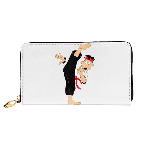 DEHIWI Damen-Clutch, Cartoon-Karate, Leder, lang, mit Reißverschluss, Reise-Geldbörse, Kreditkartenetui, Schwarz , Einheitsgröße von DEHIWI