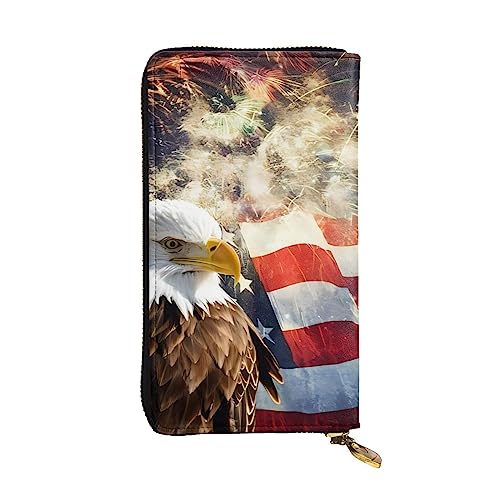 DEHIWI Damen-Clutch, Motiv: Amerikanische Flagge, Adler, Feuerwerk, Leder, lang, mit Reißverschluss, Reise-Geldbörse, Kreditkartenetui, Schwarz , Einheitsgröße von DEHIWI