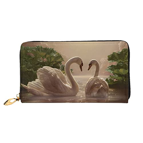 DEHIWI Damen-Clutch-Tasche aus Leder, lange Brieftasche, mit Reißverschluss, Motiv: Swan Green Leaves, Schwarz , Einheitsgröße von DEHIWI