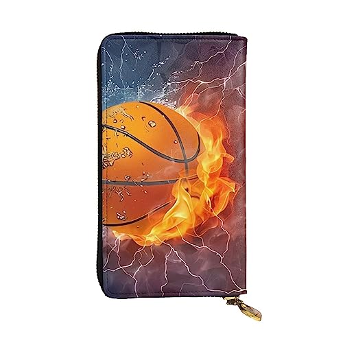 DEHIWI Damen Geldbörse mit Basketball-Flammen und Wassertropfen, Leder, lang, mit Reißverschluss, Clutch, Reise-Geldbörse, Kreditkartenetui, Schwarz , Einheitsgröße von DEHIWI