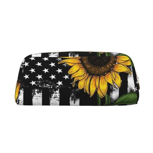 DEHIWI Federmäppchen, Sonnenblume und amerikanische Flagge, wasserdicht, niedliches Leder, Bleistifttasche, Reise-Kosmetiktasche, Make-up-Tasche, Organizer, Stifthalter für Büro Make-up, gold, von DEHIWI