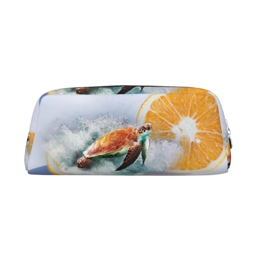 DEHIWI Federmäppchen Schildkröten Emerging from Oranges Pen Bag Waterproof Cute Leather Pencil Pouch Travel Cosmetic Makeup Bag Organizer Pen Holder for Office Makeup, silber, Einheitsgröße, von DEHIWI