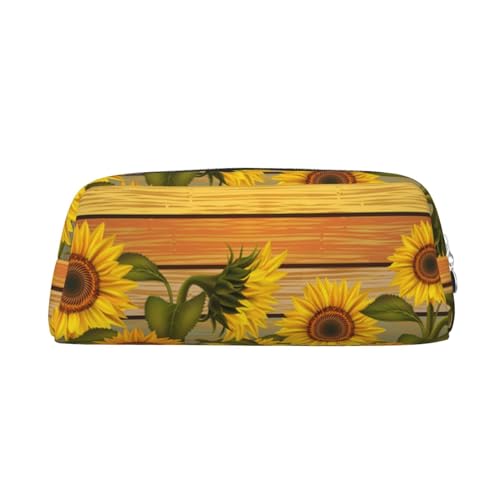 DEHIWI Federmäppchen Sonnenblume auf Holz Stifttasche Wasserdicht Niedlich Leder Bleistift Tasche Reise Kosmetik Make-up Tasche Organizer Stifthalter für Büro Make-up, silber, Einheitsgröße, von DEHIWI