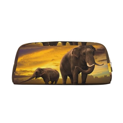 DEHIWI Federmäppchen Sonnenuntergang Eltern-Kind Elefant Stifttasche Wasserdicht Niedlich Leder Bleistift Tasche Reise Kosmetik Make-up Tasche Organizer Stifthalter für Büro Make-up, gold, von DEHIWI