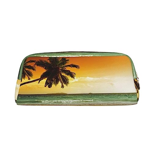 DEHIWI Federmäppchen Sonnenuntergang Kokosnussbäume am Strand Stifttasche Wasserdicht Niedlich Leder Bleistift Tasche Reise Kosmetik Make-up Tasche Organizer Stifthalter für Büro Make-up, gold, von DEHIWI