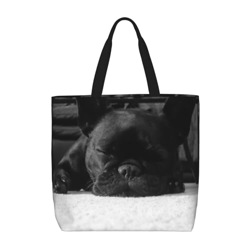 DEHIWI Französische Bulldogge Einkaufstasche Für Frauen Wasserdichte Lässige Umhängetasche Mit Reißverschluss Einkaufen Handtaschen Für Büro Einkaufen Reisen, Schwarz , Einheitsgröße von DEHIWI