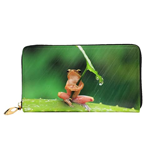DEHIWI Frosch mit Blatt Regenschirm Leder Zip Around Wallet Frauen Clutch Geldbörse Reise Kartenhalter Tasche Geschenk, Schwarz , Einheitsgröße von DEHIWI
