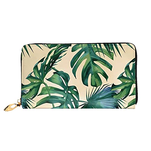 DEHIWI Green Banana Leaves Damen-Geldbörse, Leder, lang, mit Reißverschluss, Clutch, Reise-Geldbörse, Kreditkartenetui, grün, Einheitsgröße von DEHIWI