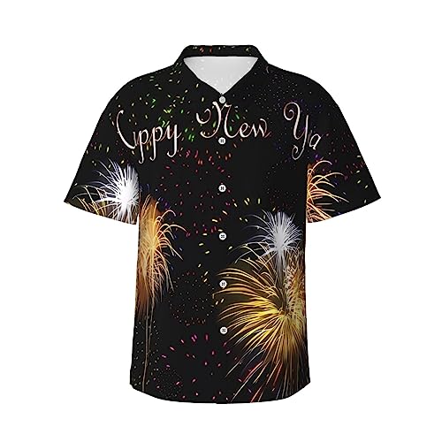 DEHIWI HAPPY NEW YEAR Herren Hawaiihemd Casual Button Down Kurzarm Tropisches Sommer Strand Hemd, Schwarz, XL von DEHIWI
