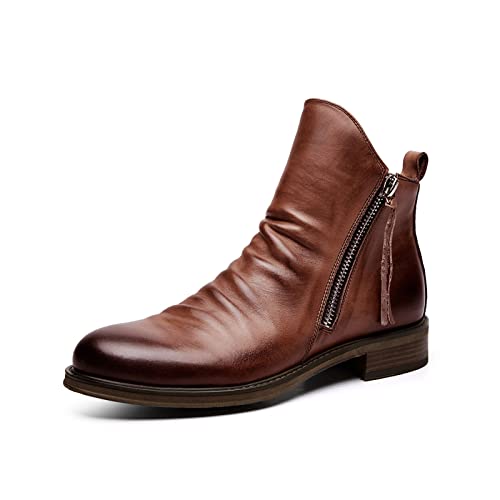 DEHIWI Herren Stiefel Chelsea Boots Freizeitschuhe, Mit Doppeltem Seitlichem Biker Boots Reißverschluss Rutschfeste Stiefel,Braun,44 EU von DEHIWI