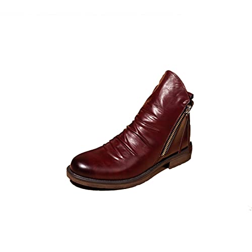 DEHIWI Herren Stiefel Chelsea Boots Freizeitschuhe, Mit Doppeltem Seitlichem Biker Boots Reißverschluss Rutschfeste Stiefel,Wine red,42 EU von DEHIWI